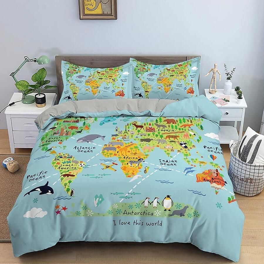 Senza Marchio World Map Luxury Bedding Set Printed Colorful Bed Duvet Cover With Pillow Covers Soft Cozy Home Textiles Queen Size 3pcs 145×200CM