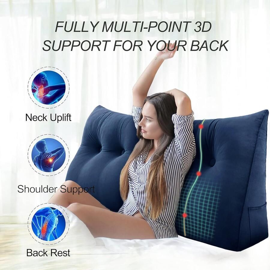 Senza Marchio WOWMAX Large Bolster Triangular Headboard Backrest Positioning Support Back Pillow for Sitting in Bed Wedge Pillow Headboard for Day Bed Removable Cover California King Velvet Blue