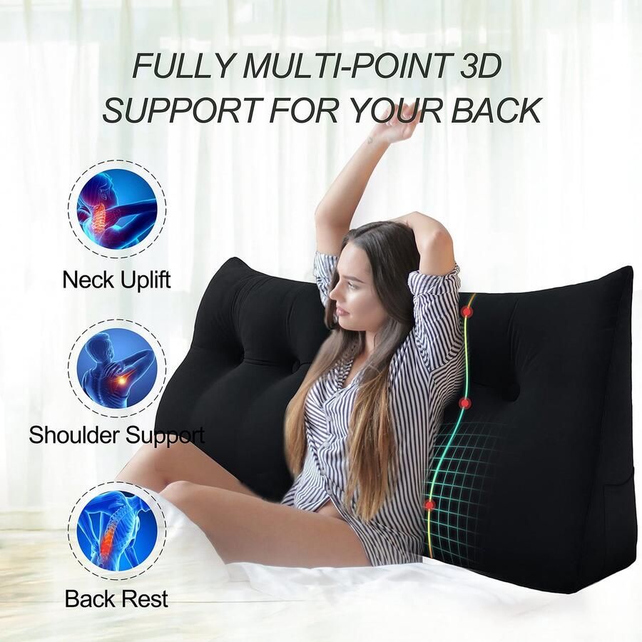 Senza Marchio WOWMAX Large Bolster Triangular Headboard Pillow Twin Dorm Headboard Twin XL Bed Wedge Pillow for Headboard Bolster Pillow for Bed with Removable Cover Velvet Black