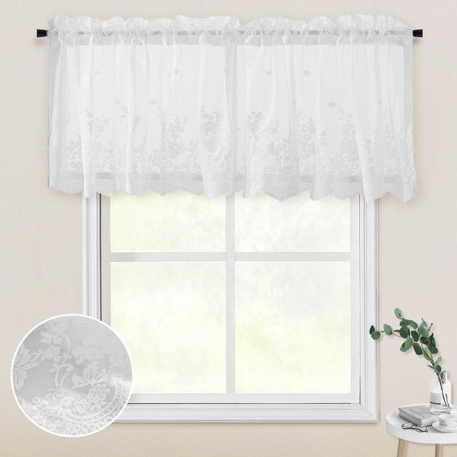 Senza Marchio WUBODTI Wit Kant Valances voor Keuken Ramen 54 B x 24 L Vintage Sheer Valance Gordijnen Rod Pocket Bloemen Geborduurde Decoratieve Venster Valances voor Woonkamer Eetkelder Kast 1 Stks