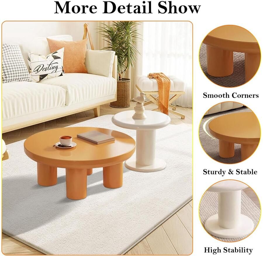 Senza Marchio Wxnnx Nesting Salontafel Oranje lage middentafel + witte kleine bijzettafel eenvoudig te monteren en te onderhouden voor woonkamer slaapkamer balkon lounge