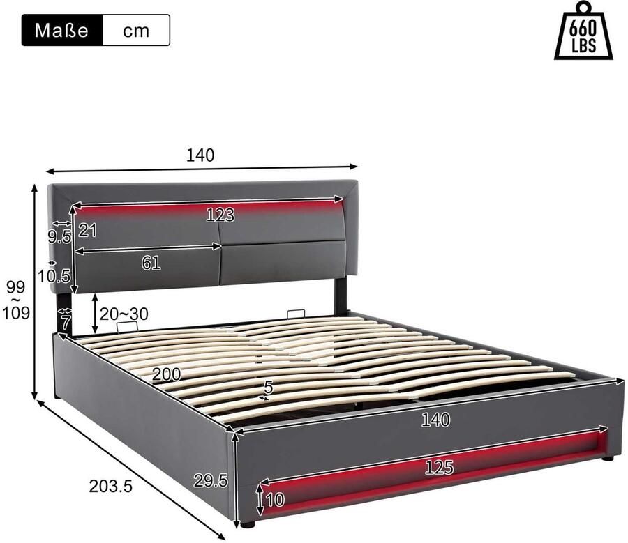 Senza Marchio Yardi Yarda Gewatteerd bed multifunctioneel bed met USB-oplaadpoort tweepersoonsbed met ledverlichting boxspringbedden (zonder matras) (grijs 140 x 200 cm)