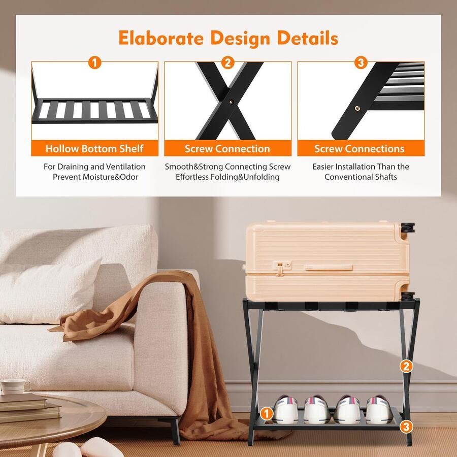 Senza Marchio YEITBY Kofferstandaard 2 verdiepingen kofferstandaard inklapbaar van bamboehout bagagerek kofferbak bagagerek h x b x d: 57 x 67 x 35 cm voor hotel slaapkamer logeerkamer