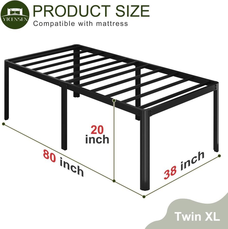 Senza Marchio Yicensen 20 Inch Hoge Twin XL Bedframes met afgeronde hoekpoten Heavy Duty XL Twin Metal Platform Bed Frame Geen Boxspring nodig Eenvoudige Montage Geluidsvrij Zwart
