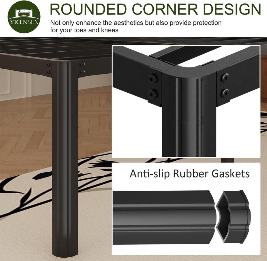 Senza Marchio Yicensen 22 inch hoog kingsize bedframe met afgeronde hoekpoten robuust metalen kingsize platformbedframe geen boxspring nodig eenvoudige montage geluidsvrij zwart