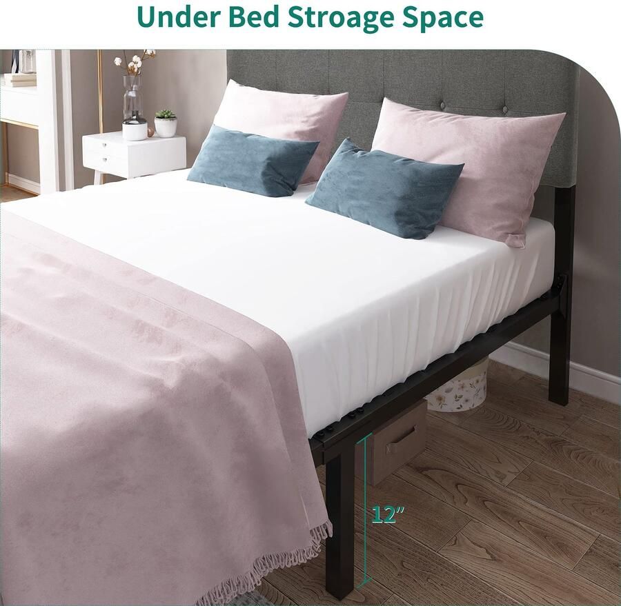 Senza Marchio YITAHOME Bedframe van metaal met stalen latten gewatteerd platformbed met verstelbaar hoofdeinde geen veren matrashouder Queen