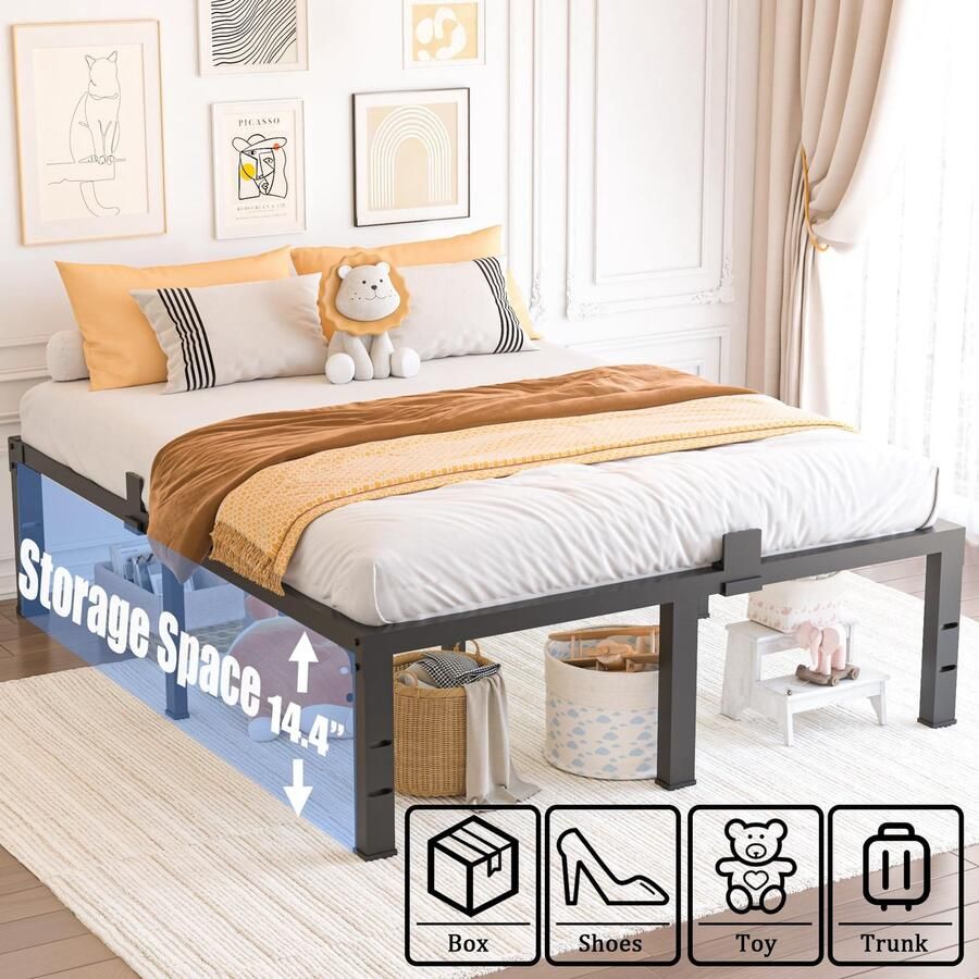 Senza Marchio Yitong Angel Full Size Bed Frame 16 Hoge 3500LBS Heavy Duty Metalen Platform Matras Foundation met Stalen Lat Ondersteuning Geen BoxSpring Nodig Geluidsvrij Antislip Eenvoudige Montage