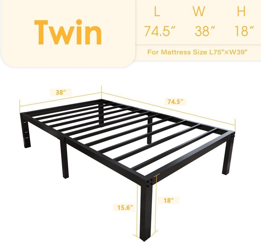 Senza Marchio yookare 18 inch hoog en sterk platform metalen bedframe eenvoudige montage matras stichting 4000 pond zwaar frame met stalen latten ondersteuning geen lawaai geen boxspring nodig Twin
