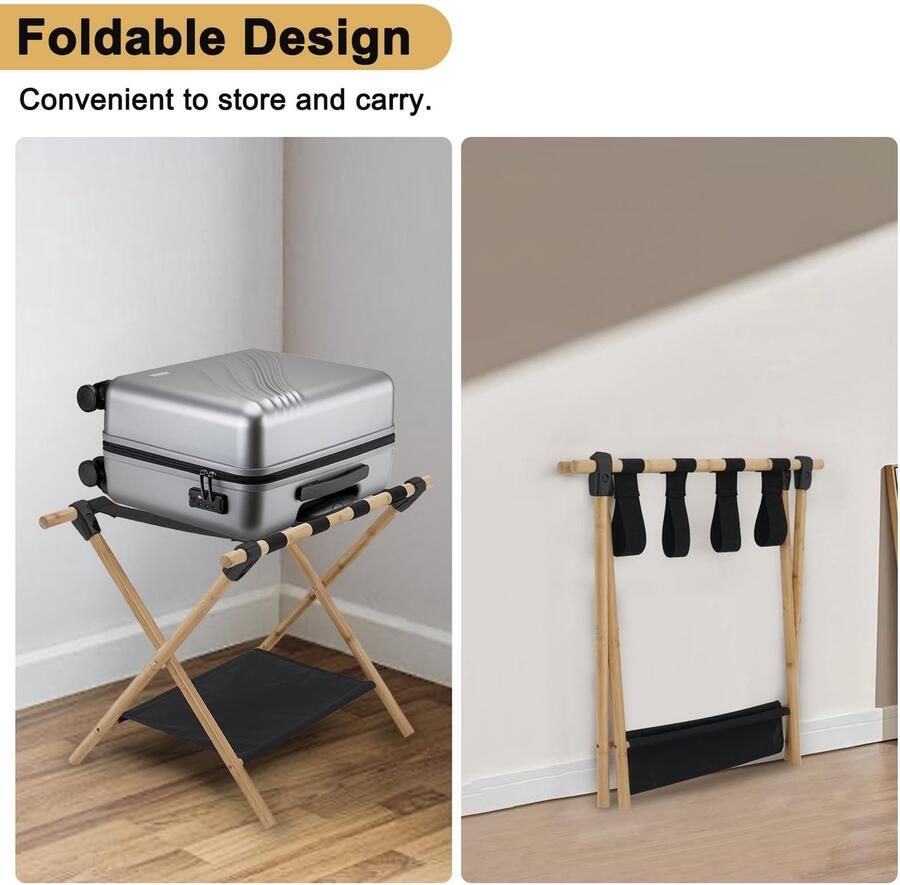 Senza Marchio Yosamy Kofferstandaard inklapbaar groot 2 stuks bagagedrager van bamboe dubbellaagse bagagerek met 4 riemen kofferkruk voor hotel en thuis 64 x 45 x 52 cm