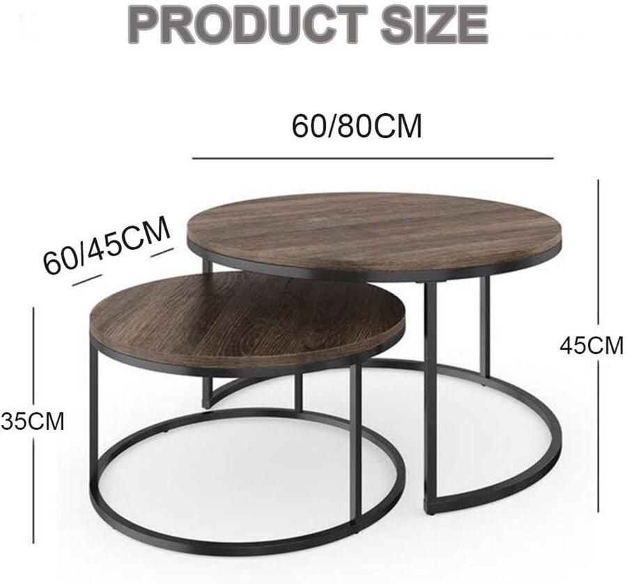 Senza Marchio ZBBADGHB Moderne woonkamer koffietafel Nesting Salontafel Set van 2 Stapelbare Side End Tafels Industriële Stijl Dikke Walnoot Board Nachtkastjes met Metalen Benen End Tables Nesting Tables voor