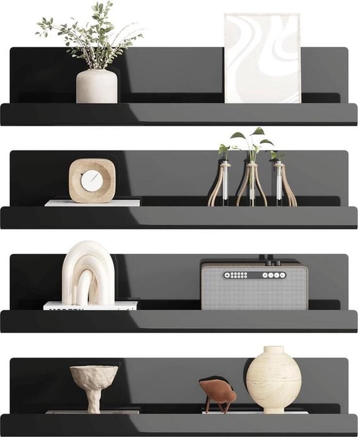 Senza Marchio Zwart Wandrek Zonder Boren Set Van 4 Acryl Zwevende Planken Voor Boeken en Foto's Woondecoratie Wandplank voor Keuken Badkamer Kantoor Woonkamer (32 x 10 x 8 cm)