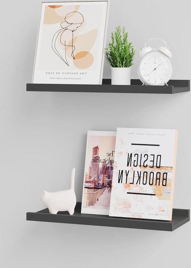 Senza Marchio Zwevende houten planken set van 2 met lip 40 cm wandgemonteerde badkamerplanken voor slaapkamer en woonkamer wandorganizer tot 10 kg zwart