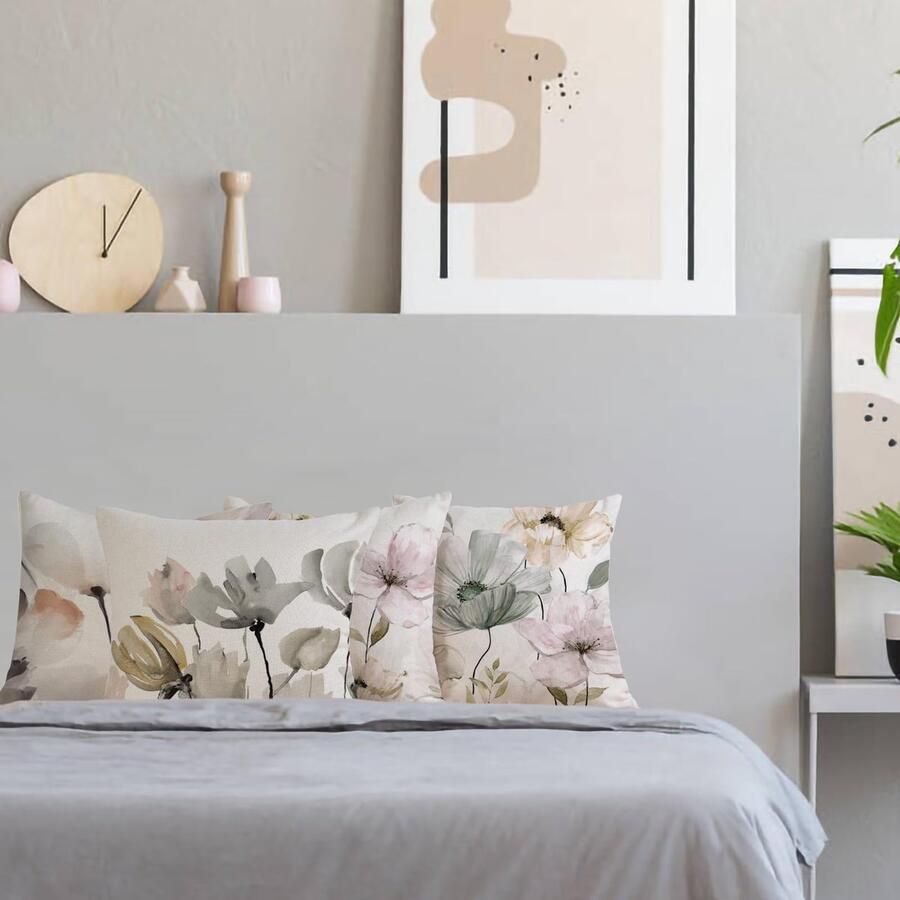 Senza Marchio ZWJD Kussensloop met bloemen 45 x 45 cm set van 4 slopen voor outdoorkussens sierkussens linnen kussenhoezen bloemenpatroon aquarelschilderij voor bank woonkamer sierkussen 45 x 45 cm