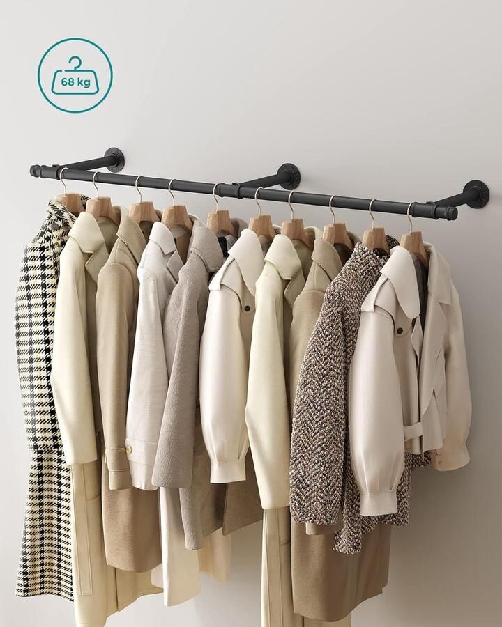 SERALUXE Kledingstang 150 x 30 cm Garderoberek Kledingstangen voor aan de muur Hangrek Garderobe Stang Kledingrek Gordijnroede Handdoekrek Zwart