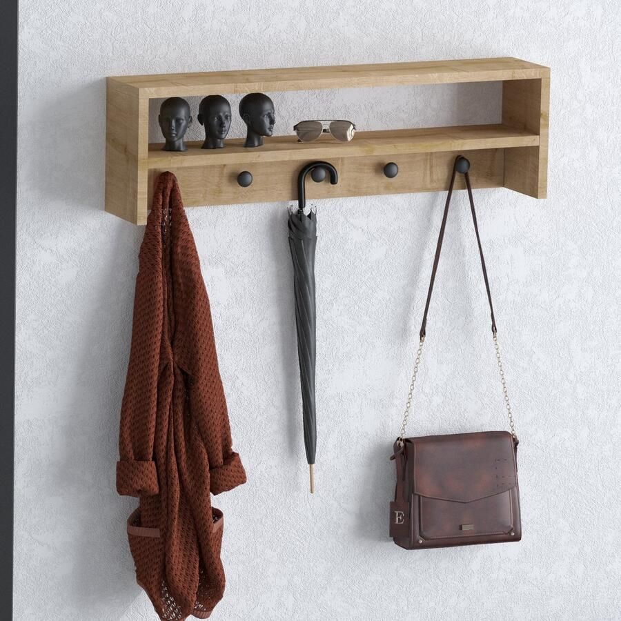 SERAMOOD COF SHELF – Wandplank met Kapstok – 100 cm – Eikenkleur – 5 Haken – Multifunctioneel – 18 mm Spaanplaat – Modern Ontwerp Aan de Muur