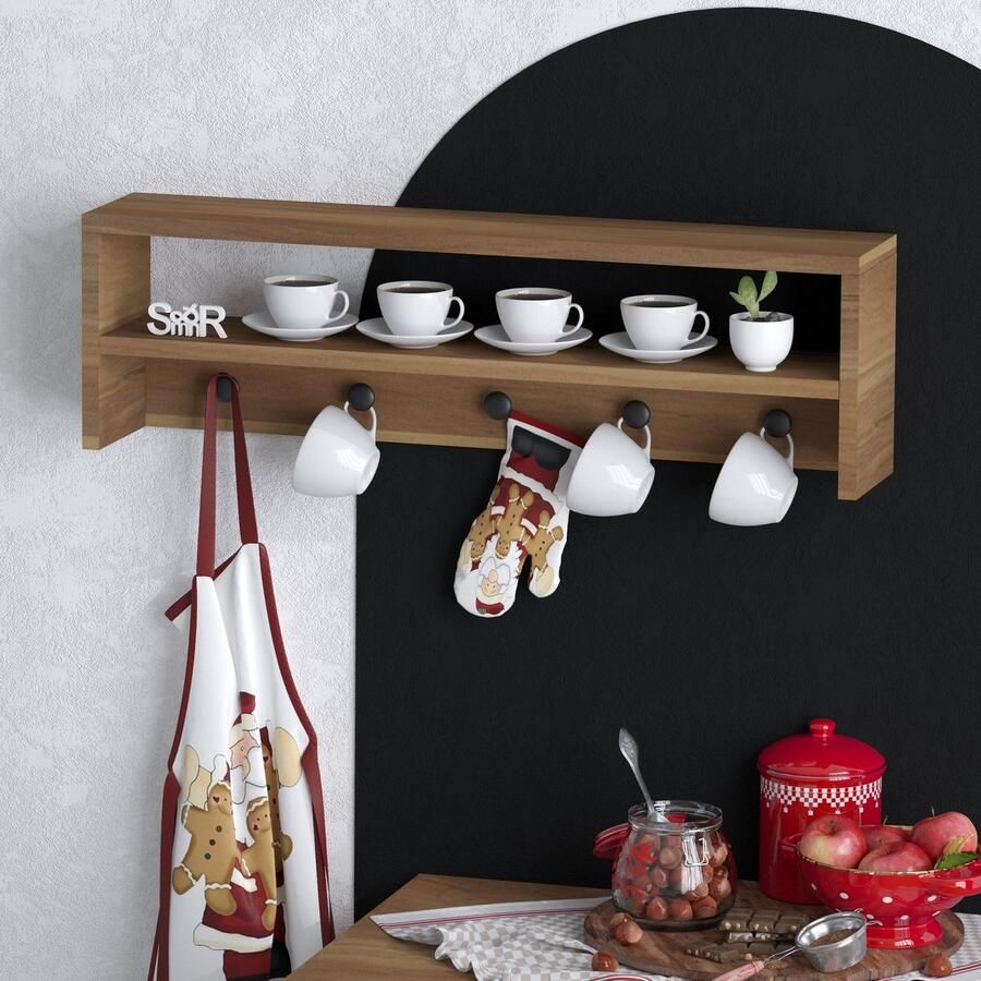 SERAMOOD COF SHELF – Wandplank met Kapstok – 100 cm – Walnoot – 5 Haken – Ruimtebesparend Wandrek – Modern Design