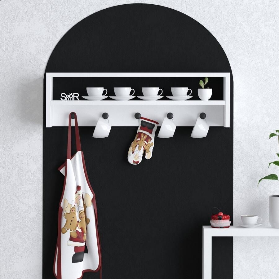 SERAMOOD COF SHELF Wandplank met Kapstok 100 cm Wit 5 Haken Ruimtebesparend Wandrek Modern Design