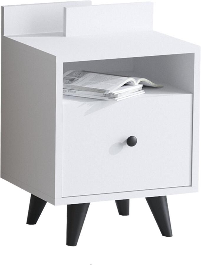 SERAMOOD VOLDO Nachtkastje – 40x35x57 cm – Wit – Kastje met Open Vakken en Deur – Scandinavisch Design voor Slaapkamer