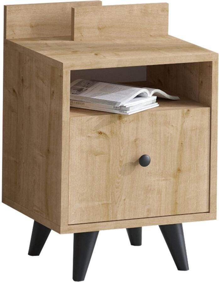 SERAMOOD VOLDO Nachtkastje – 57x40x35 cm – Eiken – Kastje met Deur en Open Vaks – Scandinavisch Bijzettafeltje voor Slaapkamer of Woonkamer