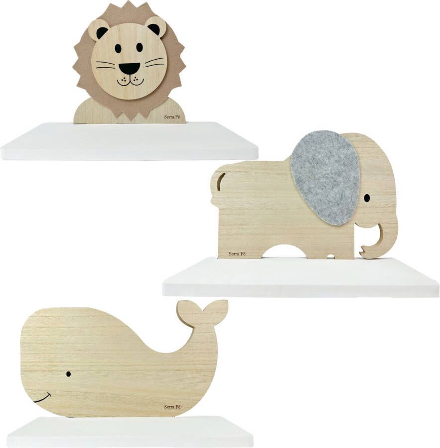 Serra Fé wandplank voor kinderkamer met dieren hout set van 3 planken 35 cm baby geschenkset babykamer decoratie wanddecoratie boekenplank fotolijstplank