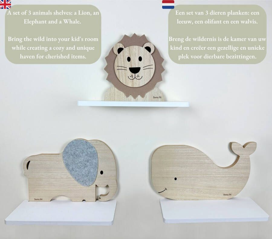 Serra Fé wandplank voor kinderkamer met dieren hout set van 3 planken 35 cm baby geschenkset babykamer decoratie wanddecoratie boekenplank fotolijstplank