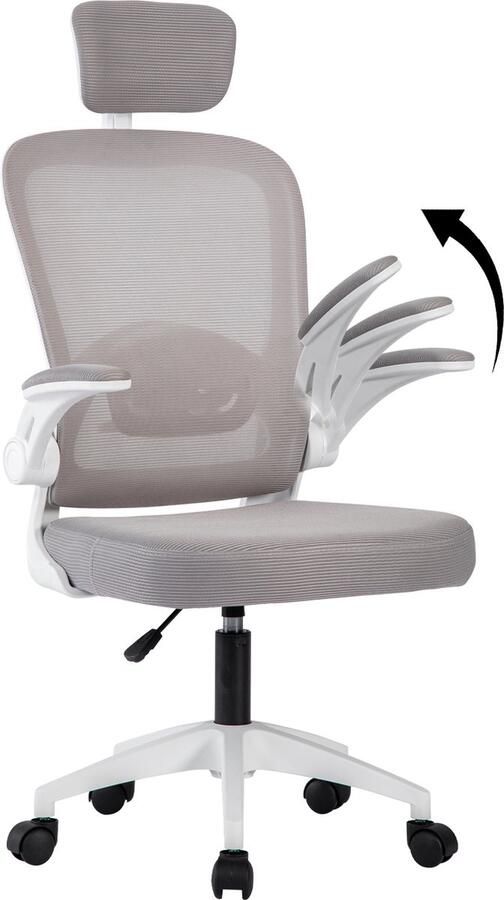 Seven Comfort Ergonomische Bureaustoel voor Volwassenen Lendensteun 3D Hoofdsteun Opklapbare Armleuningen Gamestoel Grijs