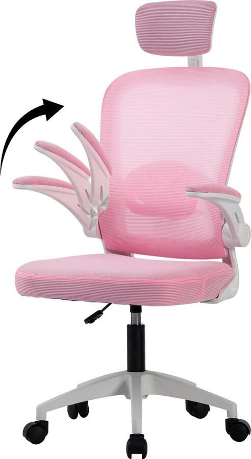 Seven Comfort Ergonomische Bureaustoel voor Volwassenen Lendensteun 3D Hoofdsteun Opklapbare Armleuningen Gamestoel Roze