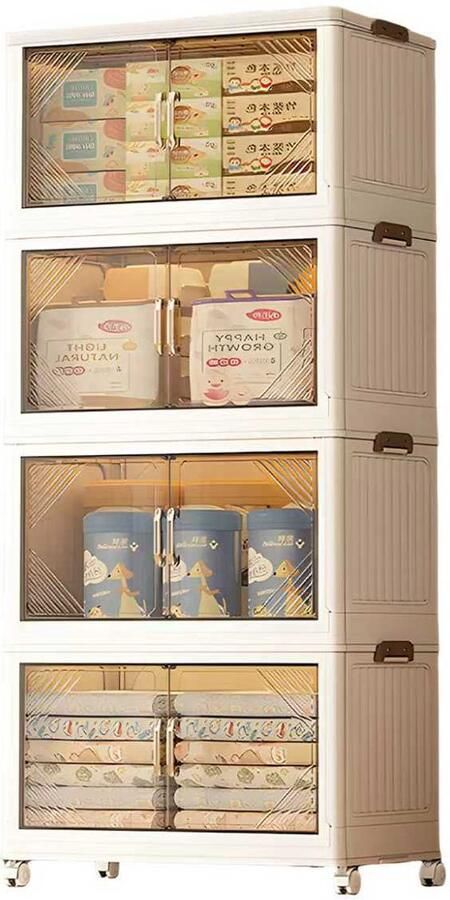 OFMOTRA Opvouwbare Opslagkast Opbergdoos Opbergkasten 4 legplanken stapelbare voorraaddozen met wielen Geschikt voor woonkamer keuken kantoor en slaapkamer 143 x 65 x 39cm wit