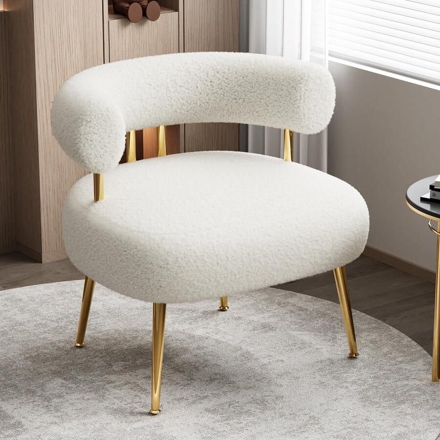 SEYNAR Accentstoel Teddy Fauteuil Moderne Lounge Stoel met Gouden Metalen Poten Witte Pluche Bekleding Dik Gepolsterd Voor Woonkamer en Slaapkamer