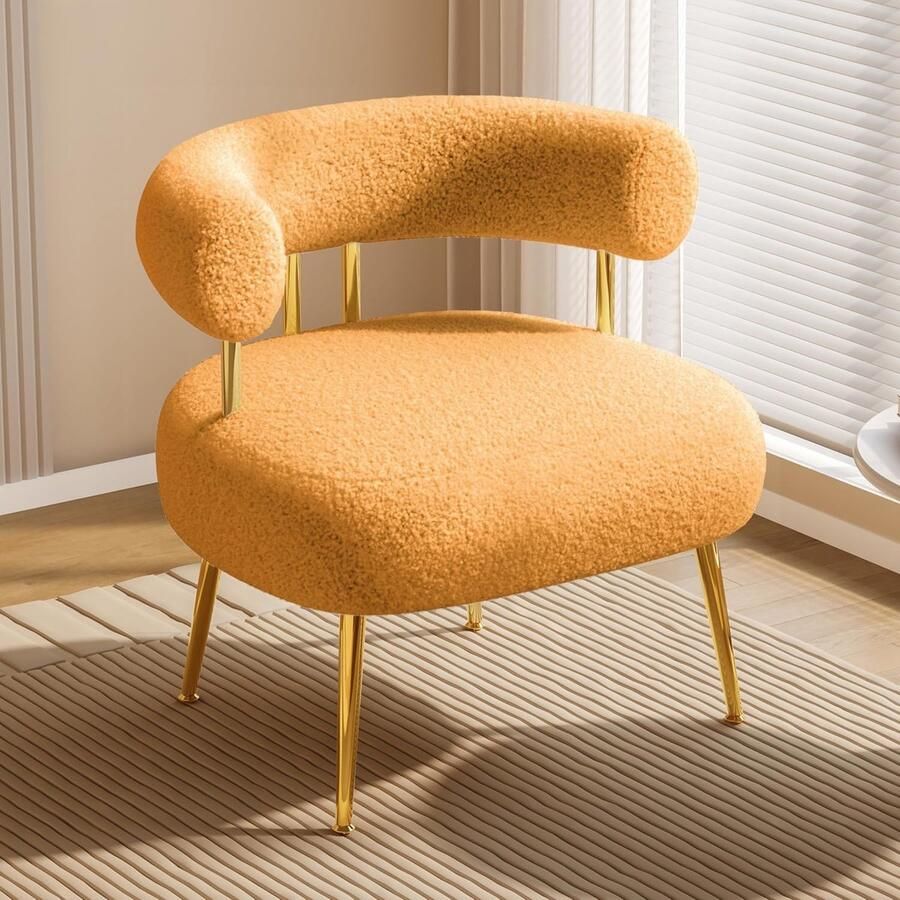 SEYNAR Accentstoel Teddy Fauteuil Moderne Lounge Stoel met Gouden Metalen Poten Witte Pluche Bekleding Dik Gepolsterd Voor Woonkamer en Slaapkamer