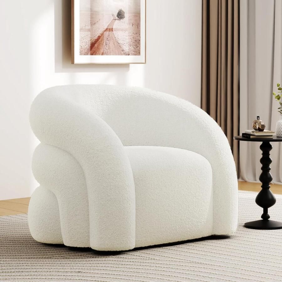 SEYNAR Luxe 360° Draaibare Fauteuil 63x57x75 cm Accentstoel Lounge Stoel Bouclé & Sherpa Dik Gepolsterd-Geen Montage-Wit