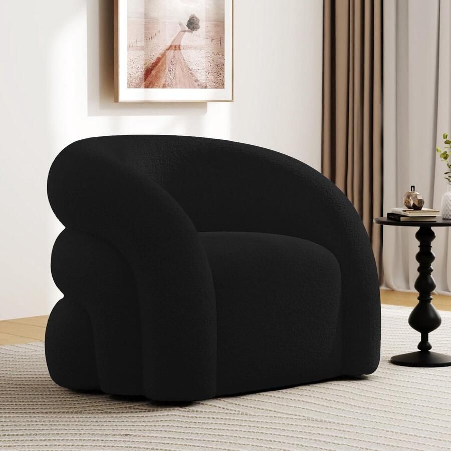 SEYNAR Luxe 360° Draaibare Fauteuil 63x57x75 cm Accentstoel Lounge Stoel Bouclé & Sherpa Dik Gepolsterd-Geen Montage-Zwart