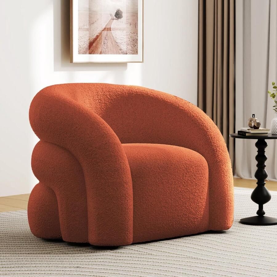 SEYNAR Luxe 360° Draaibare Fauteuil 63x57x75 cm Accentstoel Lounge Stoel Bouclé & Sherpa Dik Gepolsterd-Geen Montage-Oranje
