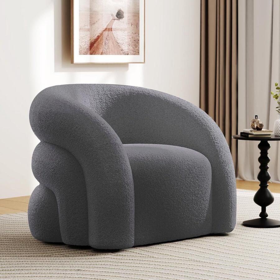 SEYNAR Luxe 360° Draaibare Fauteuil 63x57x75 cm Accentstoel Lounge Stoel Bouclé & Sherpa Dik Gepolsterd-Geen Montage-Grijs