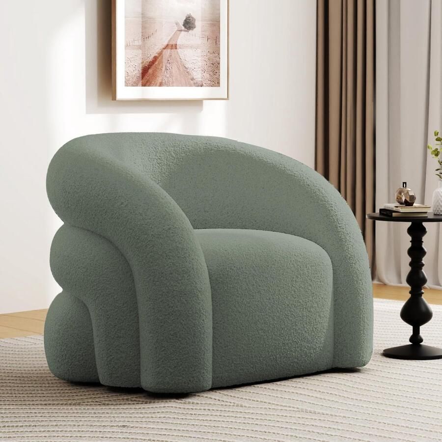 SEYNAR Luxe 360° Draaibare Fauteuil 63x57x75 cm Accentstoel Lounge Stoel Bouclé & Sherpa Dik Gepolsterd-Geen Montage-Groen