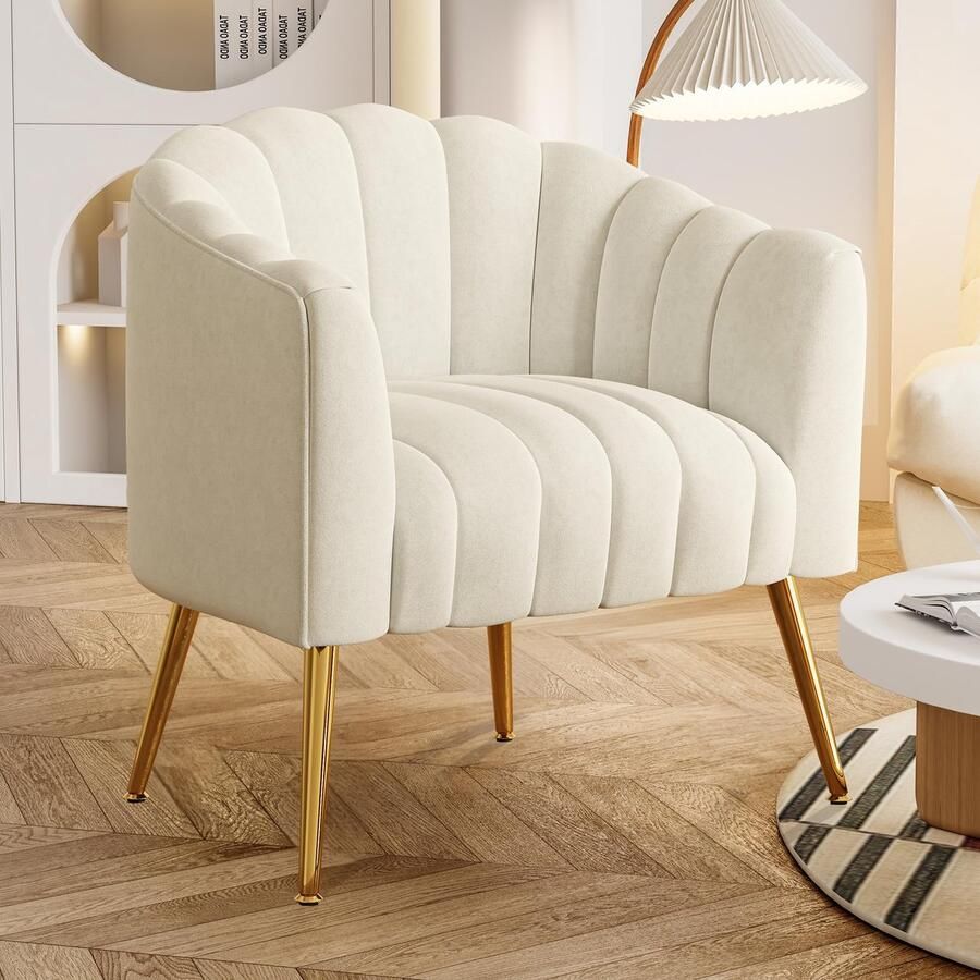SEYNAR Luxe Pumpkin Fauteuil 71x69x69 cm Enkelstoel met Metalen Poten Fluweel Beige