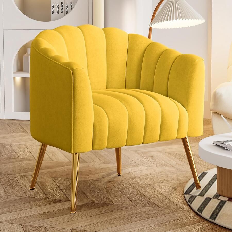 SEYNAR Luxe Pumpkin Fauteuil 71x69x69 cm Enkelstoel met Metalen Poten Fluweel Geel