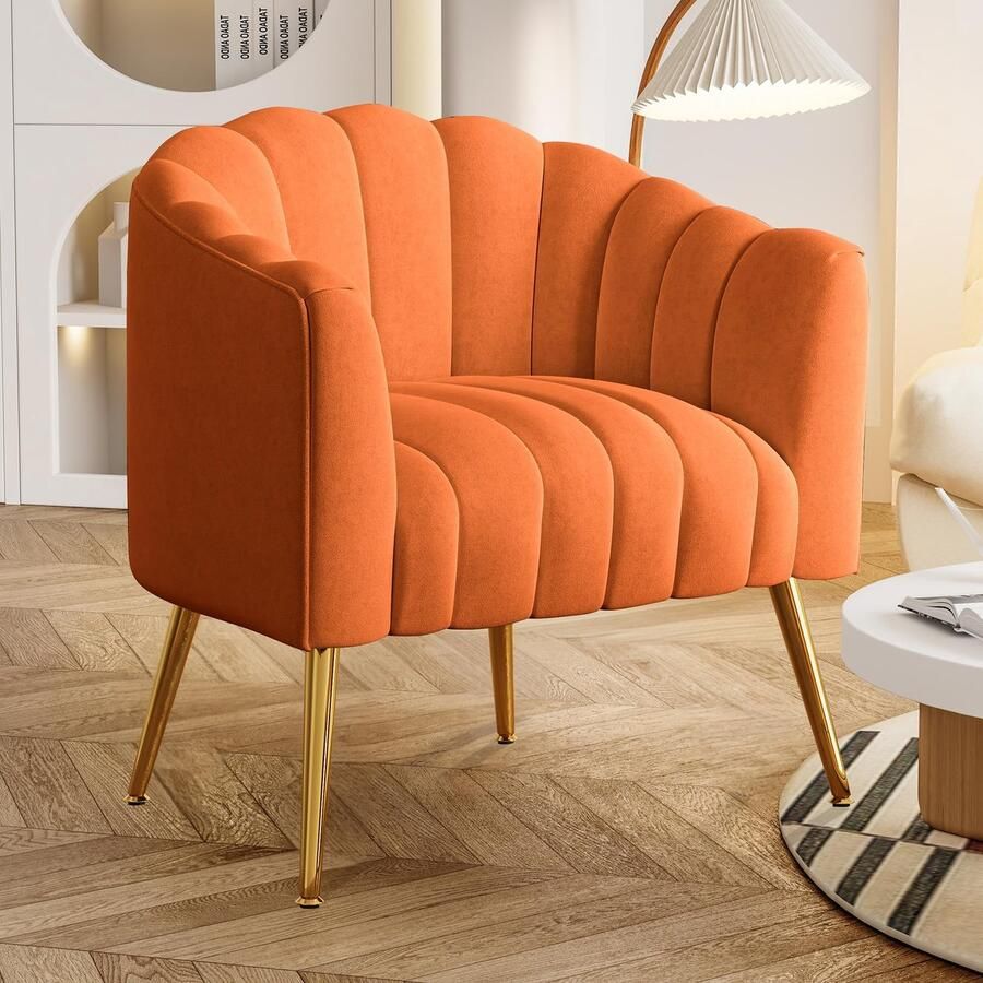 SEYNAR Luxe Pumpkin Fauteuil 71x69x69 cm Enkelstoel met Metalen Poten Fluweel Oranje
