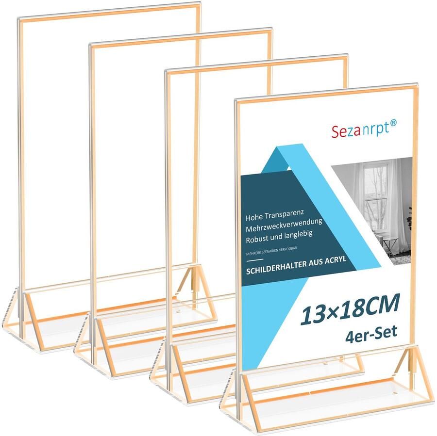 Sezanrpt Acryl Plaatskaarthouders Goud 13x18 Verticaal 4-pack Acryl Tafelnummers Bruiloft Transparante Menuhouders voor Tafel Restaurant Winkel Papierhouder Fotolijst