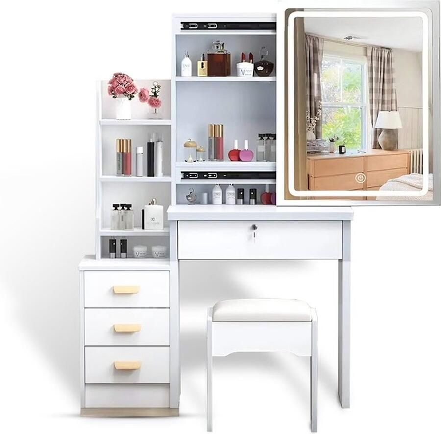 SEZGoods Luxe Kaptafel Met Spiegel En Verlichting Inclusief Kruk Kaptafel Voor Meisjes Kaptafel Kinderen Make Up Tafel Met Spiegel Make Up Tafel Kinderen