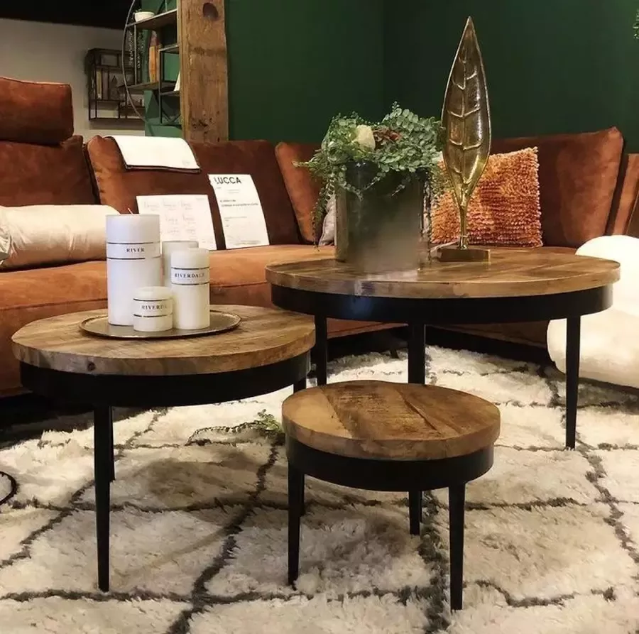 Sfeerwonen Enzo Salontafel set van 3 mango hout zwart staal spelde poot
