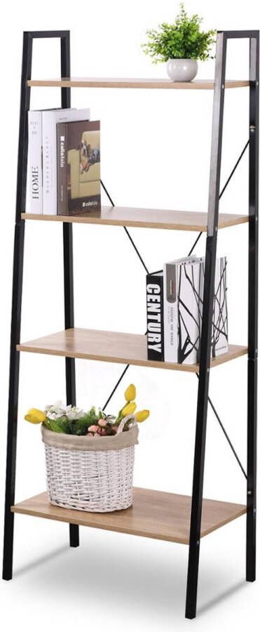 SH Woltu 60*35*148Cm 4-Tier Ladder Boekenplank Rekken Unit Houten Boekenkast Frame Voor Woonkamer slaapkamer Keuken Eetkamer Opslag