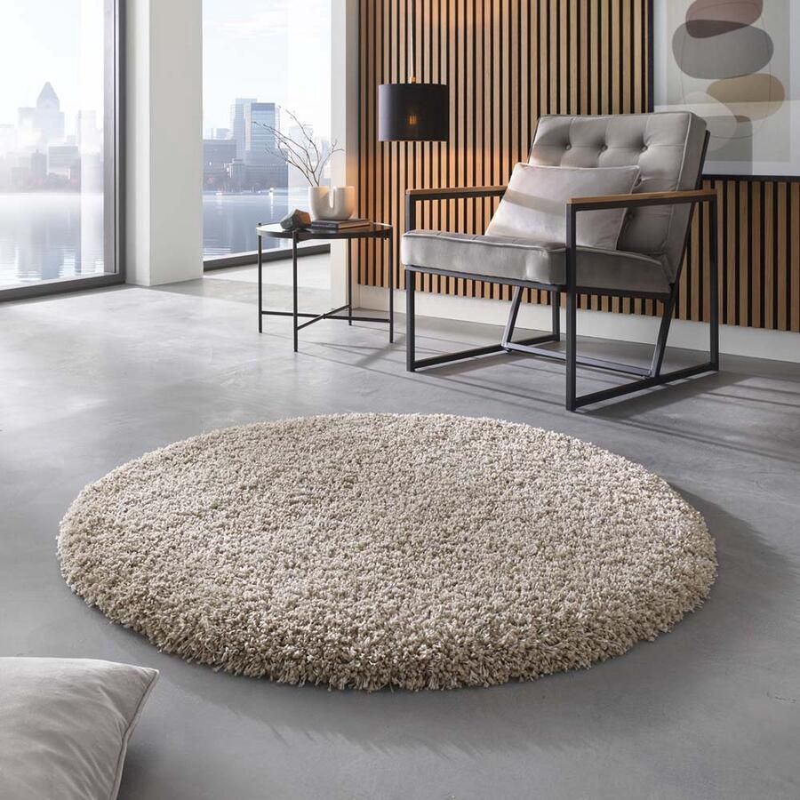 Centrum24 Hoogpolig vloerkleed effen Shaggy Prime beige 160 cm rond