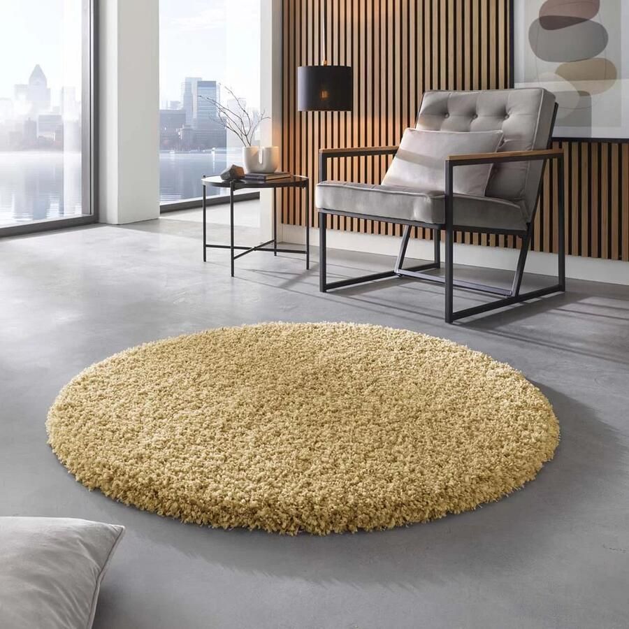 Shaggy Prime Rond hoogpolig vloerkleed goud 120 cm rond