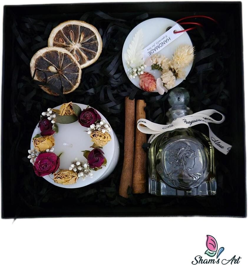Sham's Art Luxe Cadeau Set Handgemaakte Elegante Kaars met Gedroogde Rozen + Rietverspreiderparfum en Garderobe Wax Geschenk Set Geur Kaars
