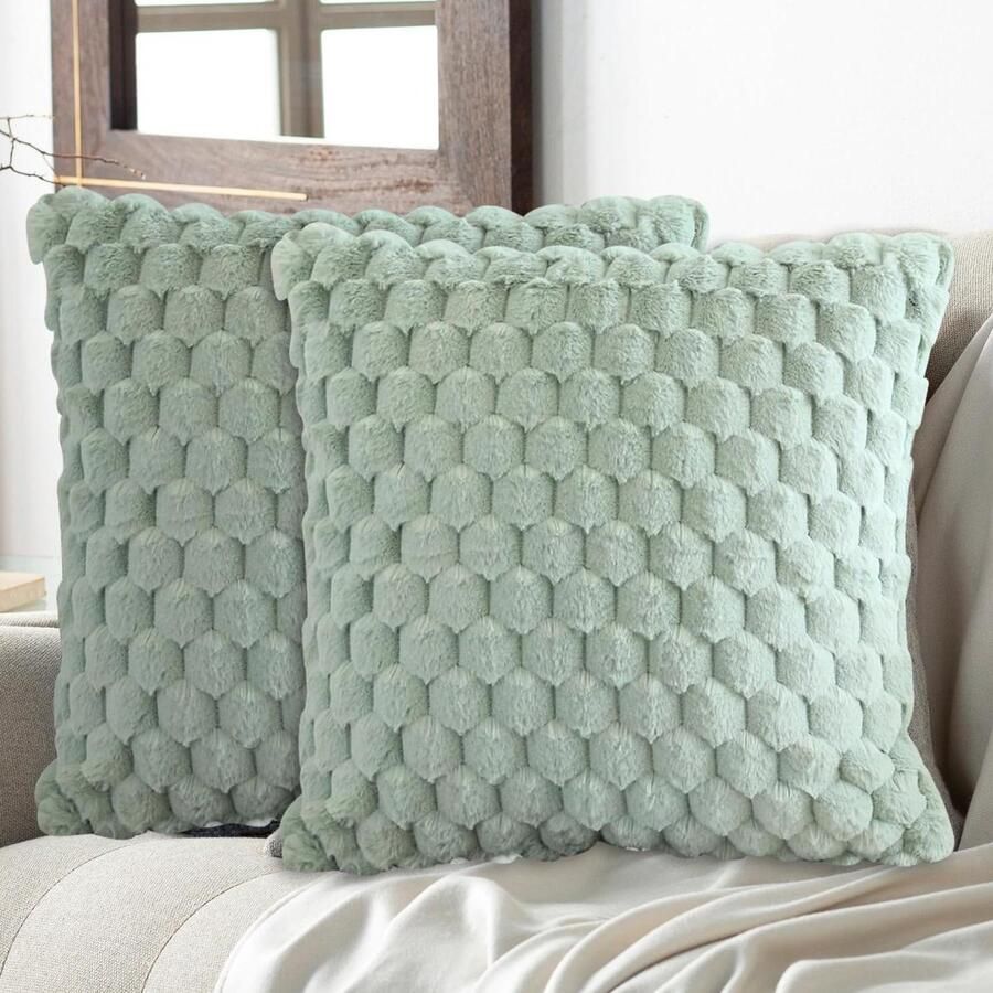 Shape By Shane ByShane Kussensloop 50 x 50 cm Saliegroen Set van 2 Pluche Decoratieve Kussenslopen Gestreept Luxe Bont Sierkussen Bank Behaaglijk voor Woonkamer Bank Saliegroen Zacht [75 characters]