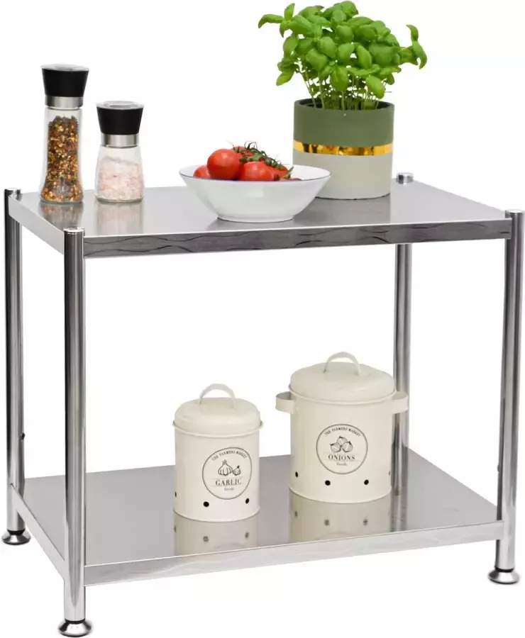 Shelfr 60kg Roestvrij Stalen Plank met 2 Niveaus Heavy Duty Rek 61x36x50 Metalen Legplank Opbergrek