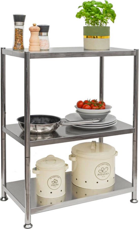 Shelfr 60kg Roestvrij Stalen Plank met 3 Niveaus Heavy Duty Rek 61x36x82 Metalen Legplank Opbergrek