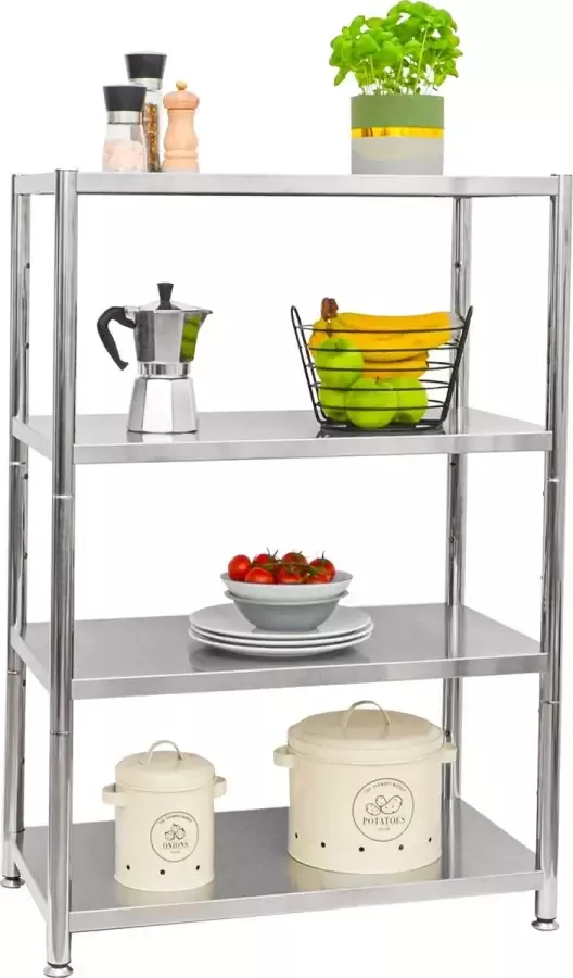 Shelfr 160kg Roestvrij Stalen Plank met 4 Niveaus Heavy Duty Rek 74x41x110 Metalen Legplank Opbergrek