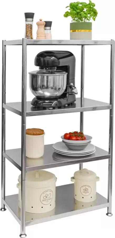 Shelfr 60kg Roestvrij Stalen Plank met 4 Niveaus Heavy Duty Rek 61x36x113 Metalen Legplank Opbergrek